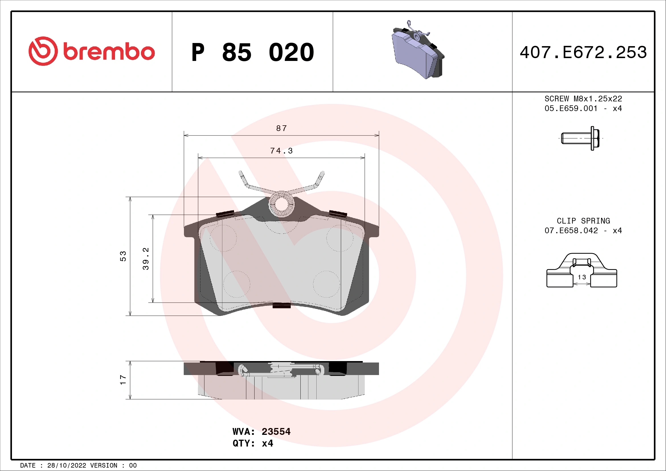 BREMBO P85020 Колодки зад. AUDI (FAW) A4 Saloon (8E2, B6) 08/02-07/05