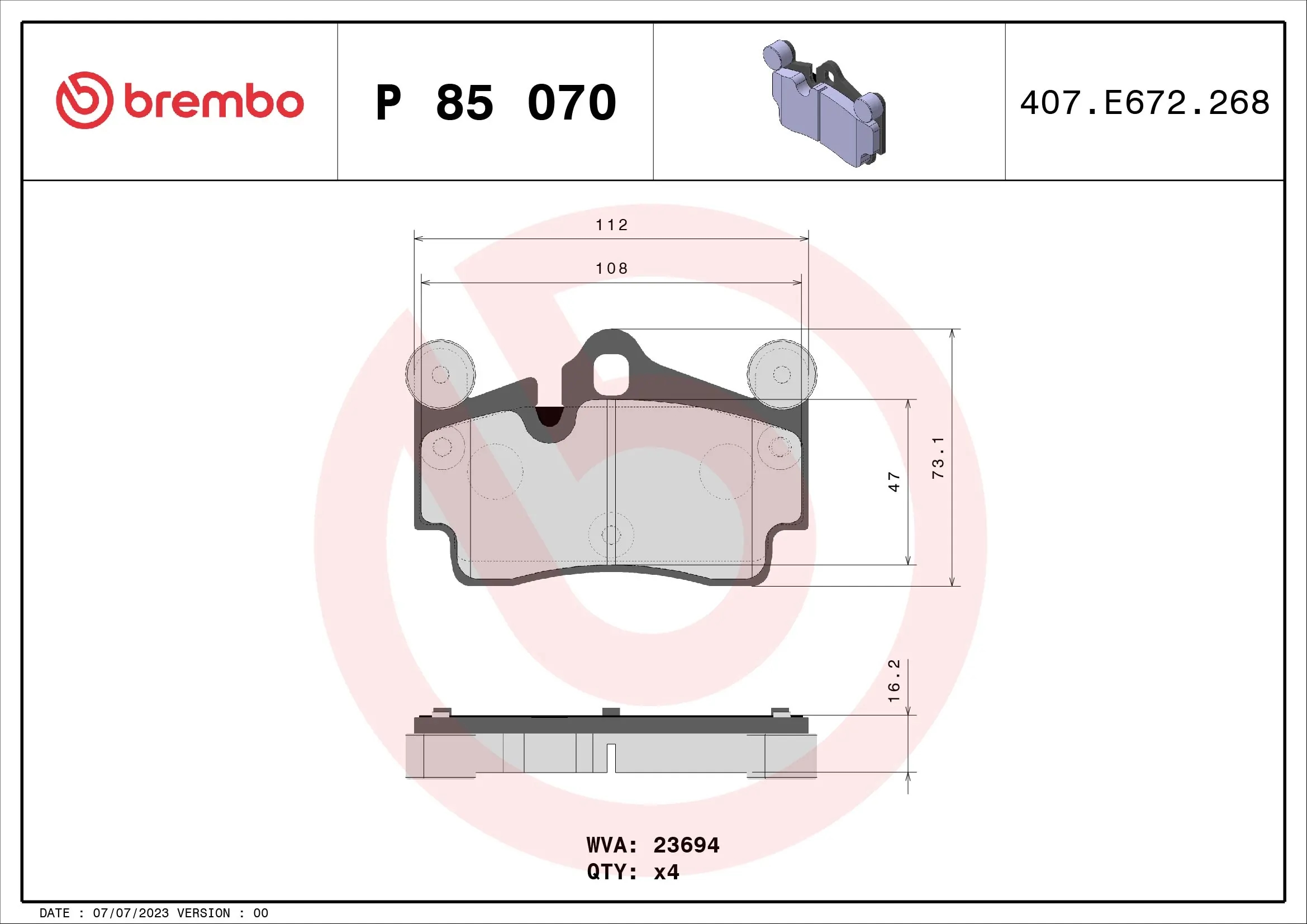 BREMBO P85070 Колодки тормозные VOLKSWAGEN TOUAREG 03>/PORSCHE CAYENNE 03> задние