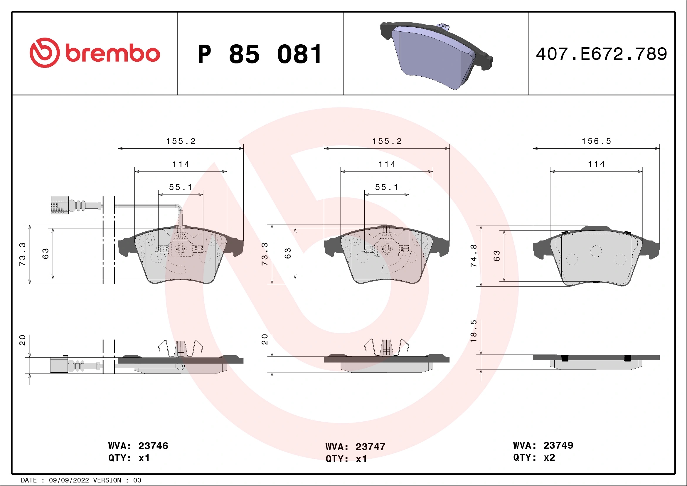 BREMBO P85081 Колодки тормозные дисковые перед
