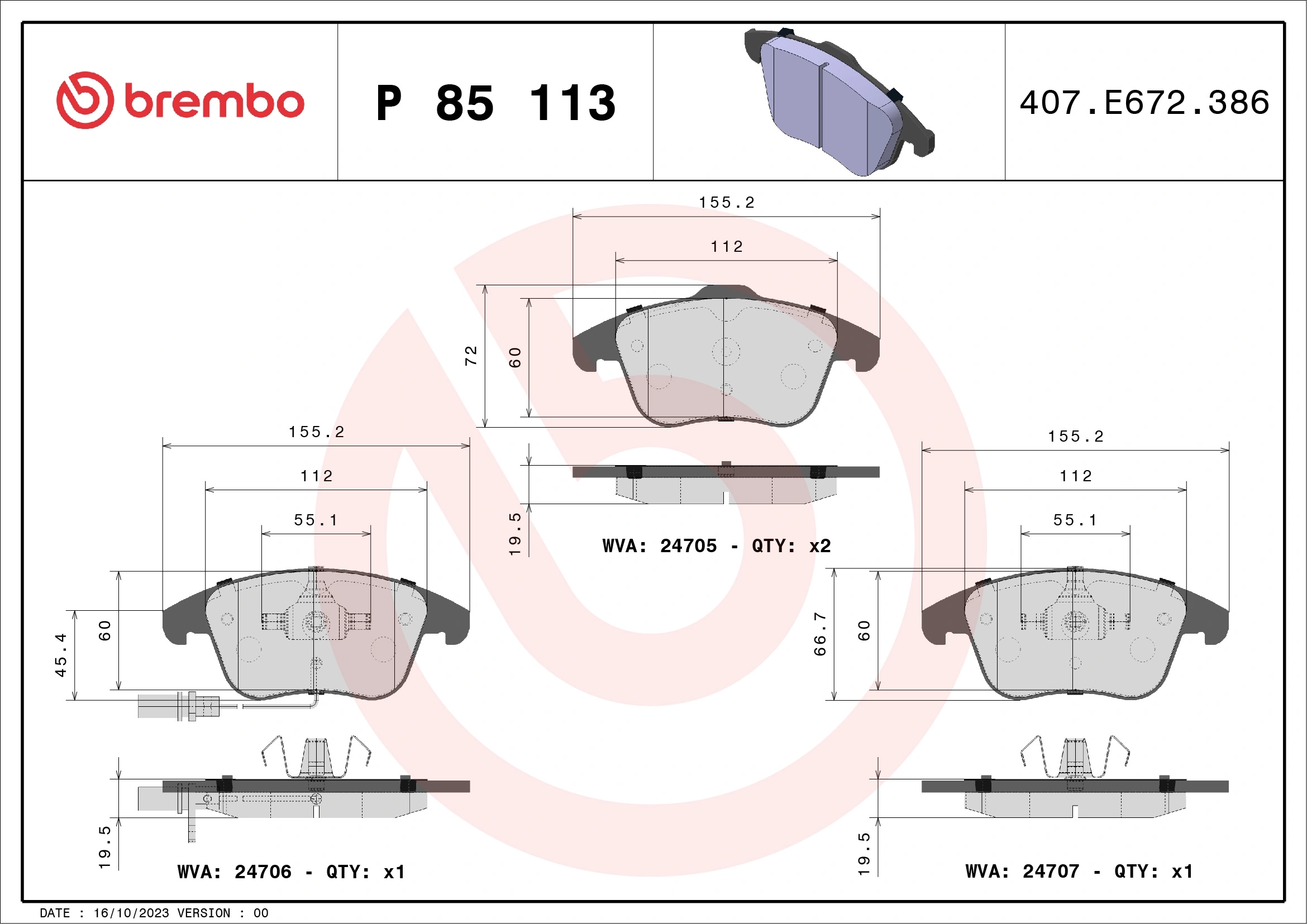 BREMBO P85113 Колодки тормозные AUDI A4/A4 ALLROAD/A5 1.8-3.2 07- передние с датч.
