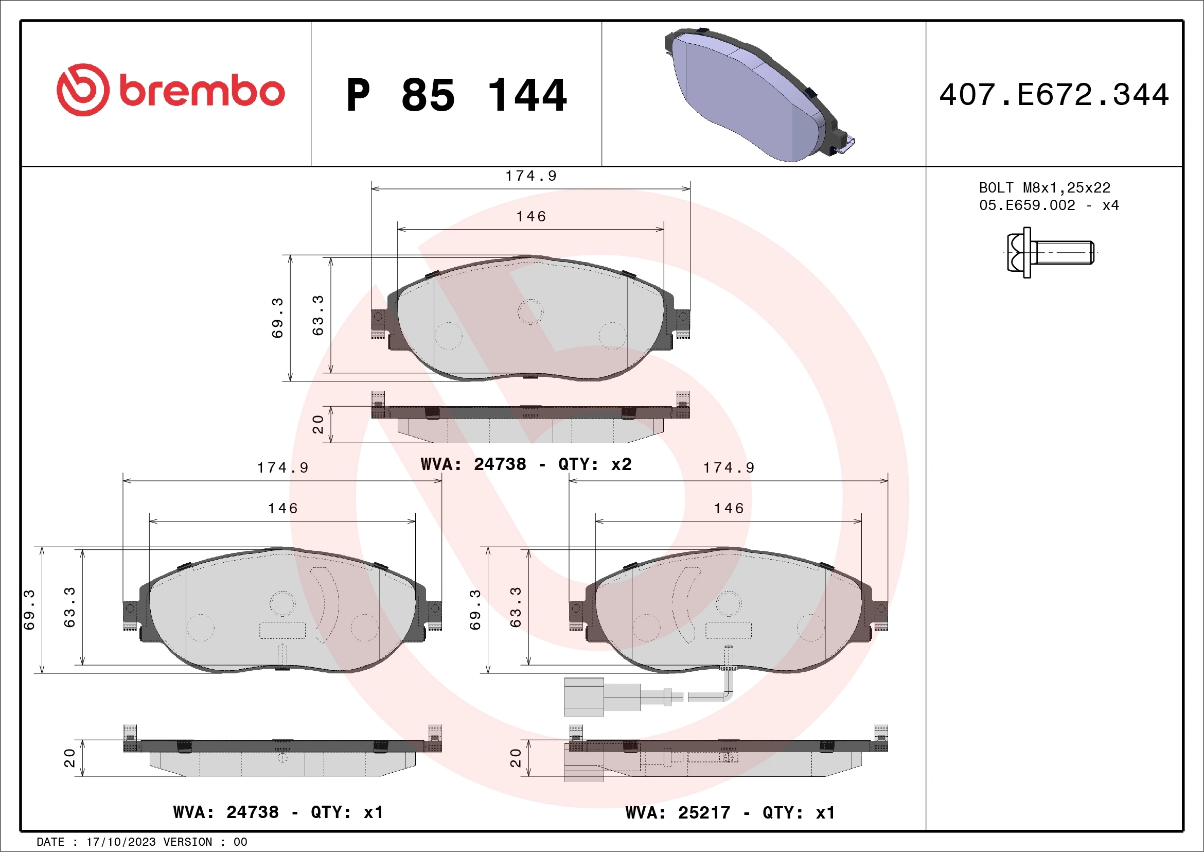 BREMBO P85144 Колодки тормозные SKODA OCTAVIA 12-/VW GOLF 12-/PASSAT 14- передние