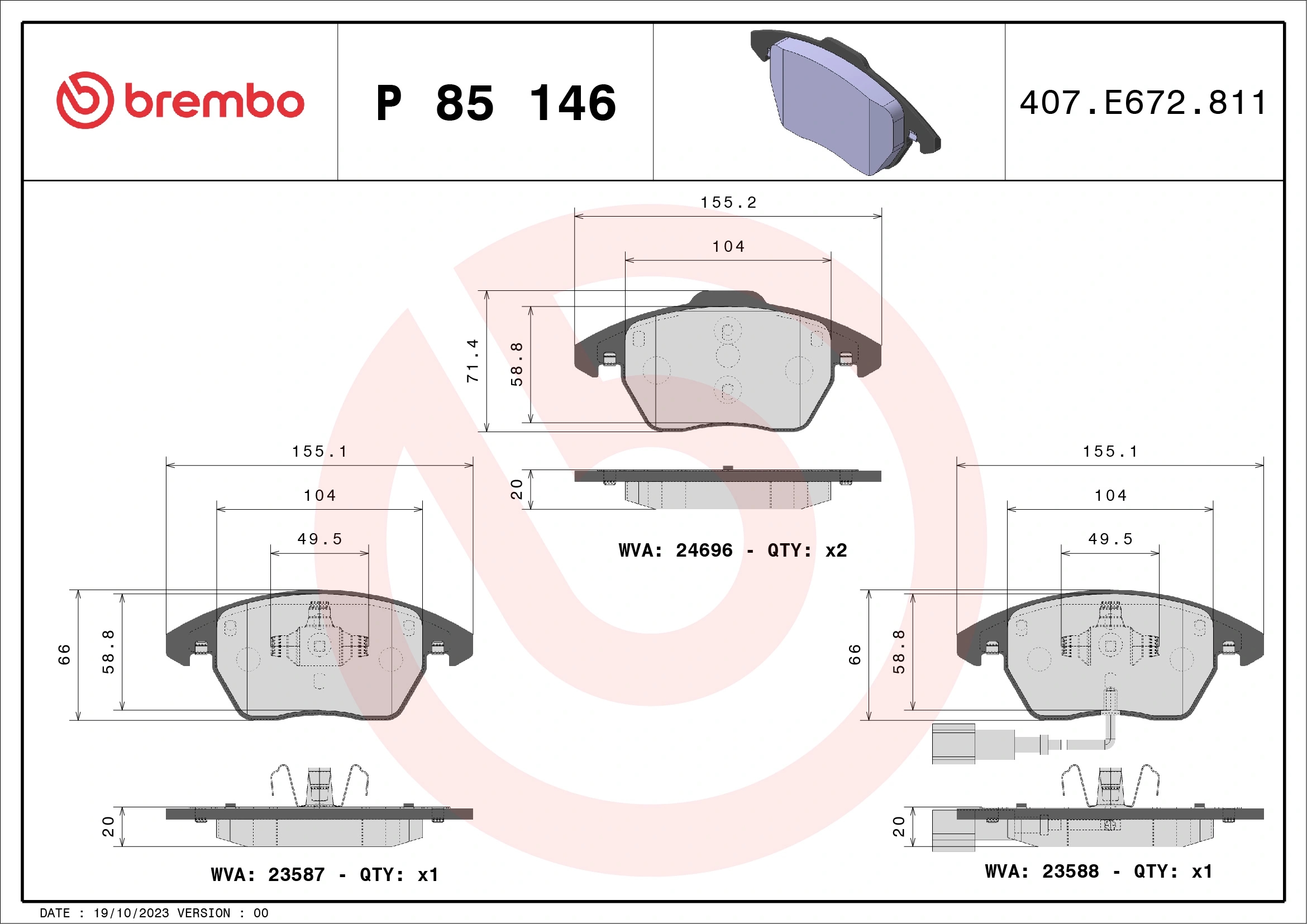 BREMBO P85146 Колодки тормозные дисковые перед