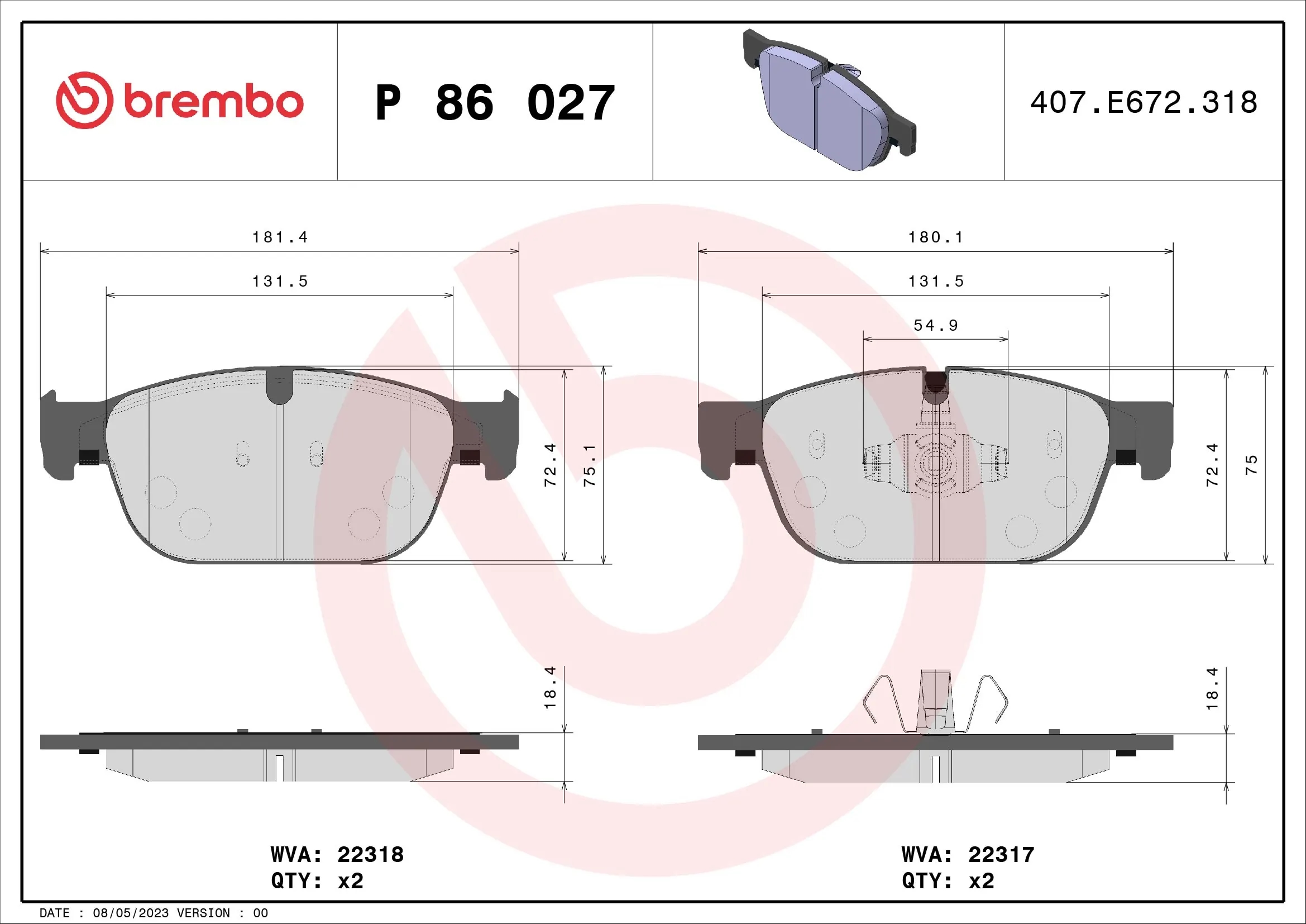 BREMBO P86027 Колодки тормозные дисковые | перед |