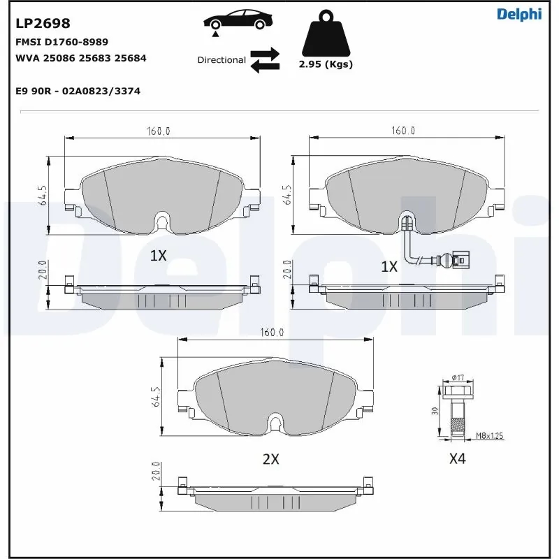DELPHI LP2698 Колодки тормозные AUDI A3/SKODA OCTAVIA/VW GOLF 12-/PASSAT 14- передние