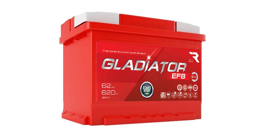 GLADIATOR GEF6210 Аккумулятор gladiator efb 62 ah, 620 a, 242x175x190 прям.
