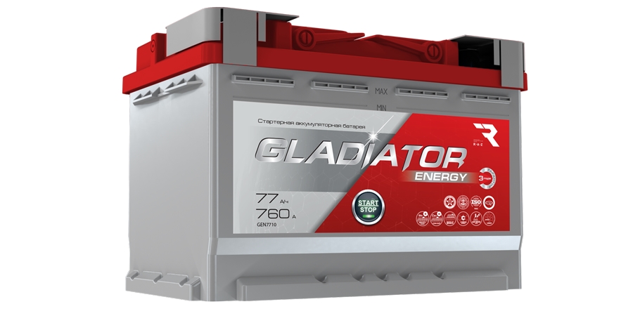 GLADIATOR GEN7710 Аккумулятор gladiator energy 77 ah, 760 a, 276x175x190 прям.