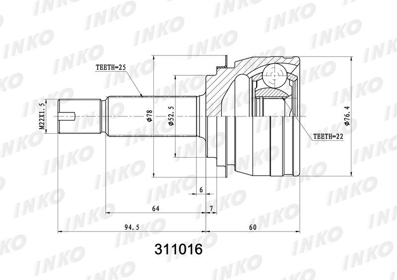 INKO 311016 ШРУС внешний 25/22 | перед прав/лев |