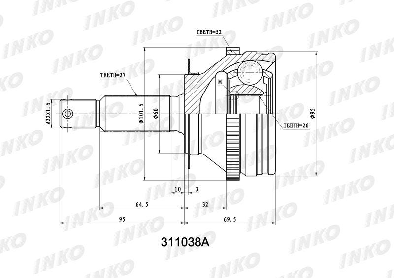 INKO 311038A ШРУС внешний 27/26 ABS 52 | перед прав/лев |