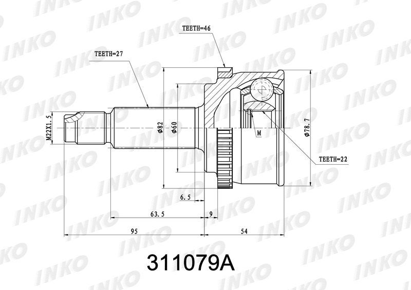 INKO 311079A ШРУС внешний 27/22 ABS 46 | перед |