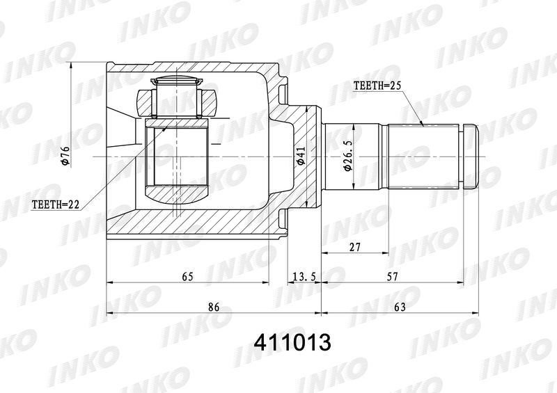 INKO 411013 Шрус внутренний25/22 ABS | перед лев |