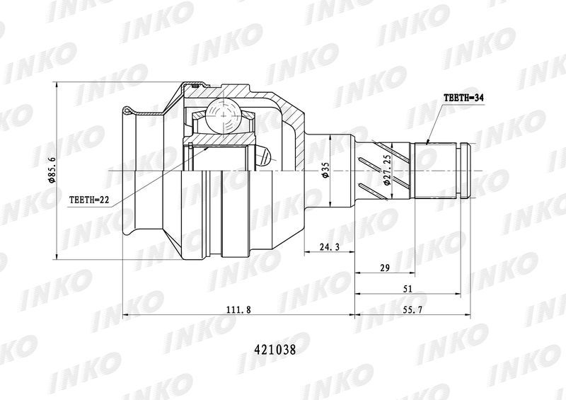 INKO 421038 Шрус внутренний34/22 ABS | перед лев |