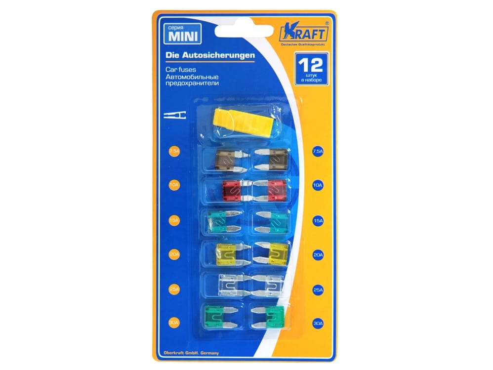 KRAFT KT870008 Набор предохранителей в блистере 12 шт. с пинцетом