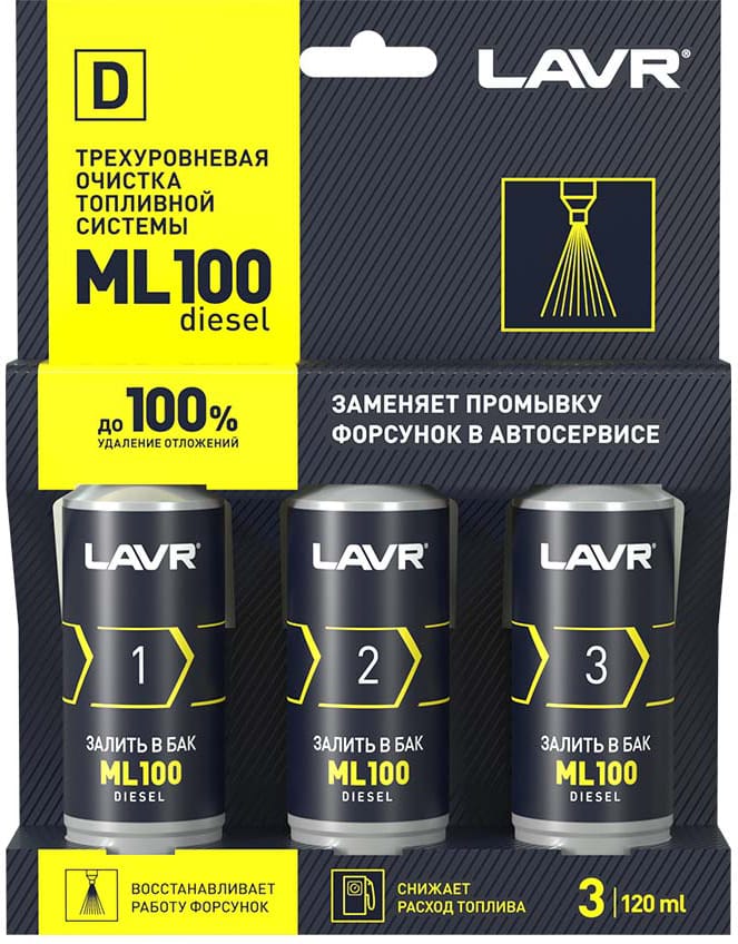 LAVR LN2138 Трехуровневая очистка топливной системы ML100 присадка в дизельное топливо, 120 мл
