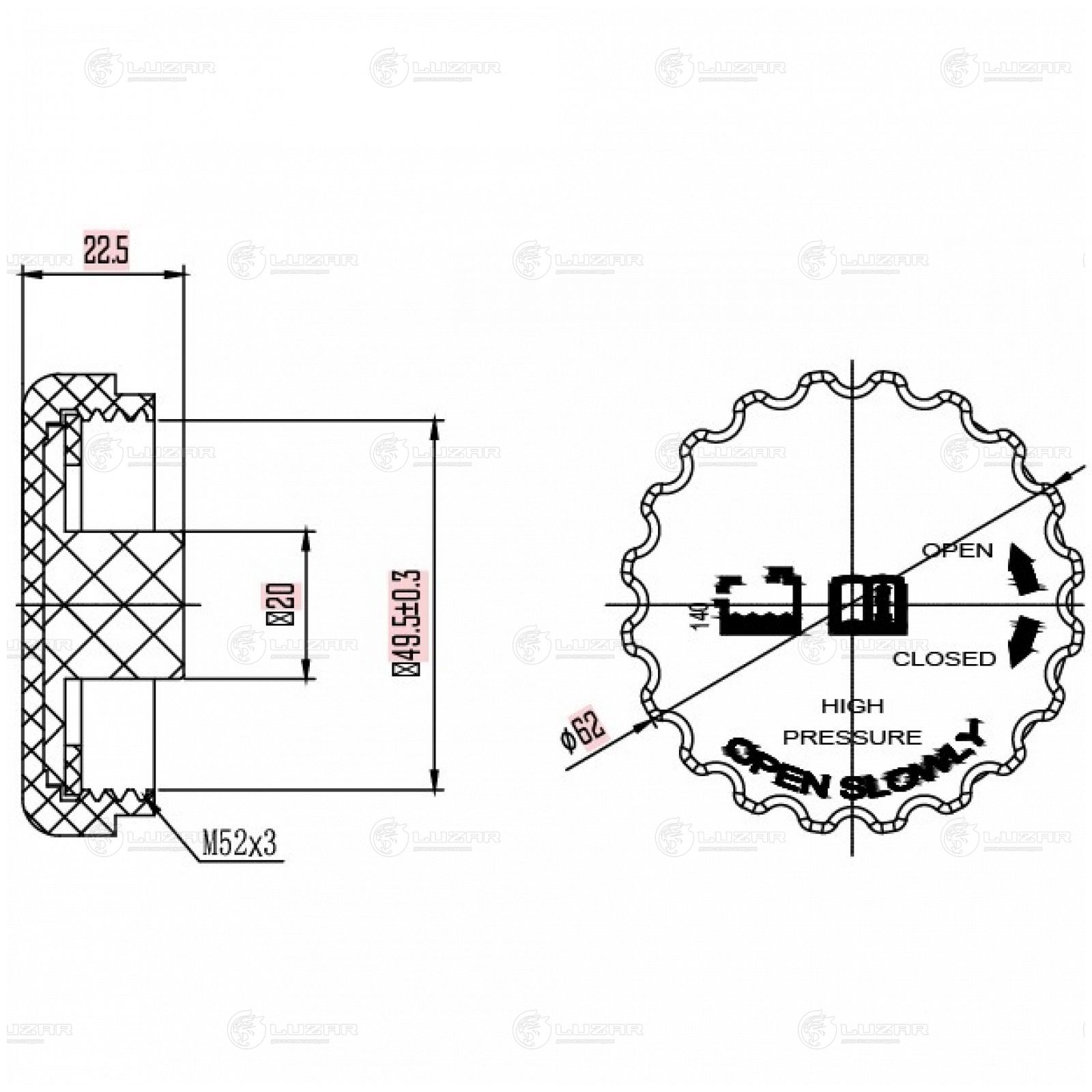 LUZAR LL0504 Крышка (пробка) расш. бачка для а/м Daewoo Nexia (94-)/Opel Astra G (98-)/Meriva A (03-) 1.4bar (LL