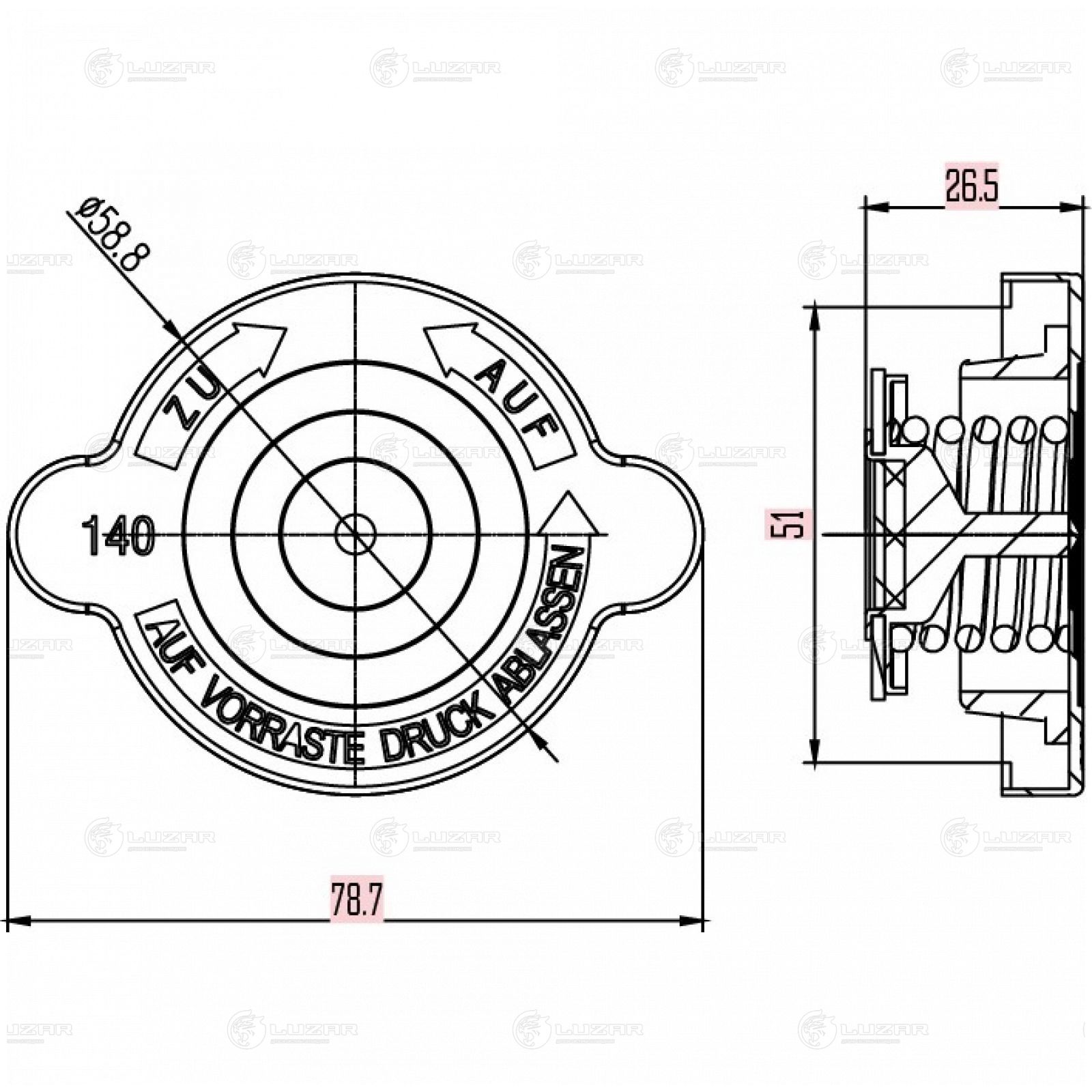 LUZAR LL1507 Крышка (пробка) расш. бачка для а/м Mercedes C W202 (93-)/E W210 (95-)/G W463 (90-) 1.4bar (LL 1507)