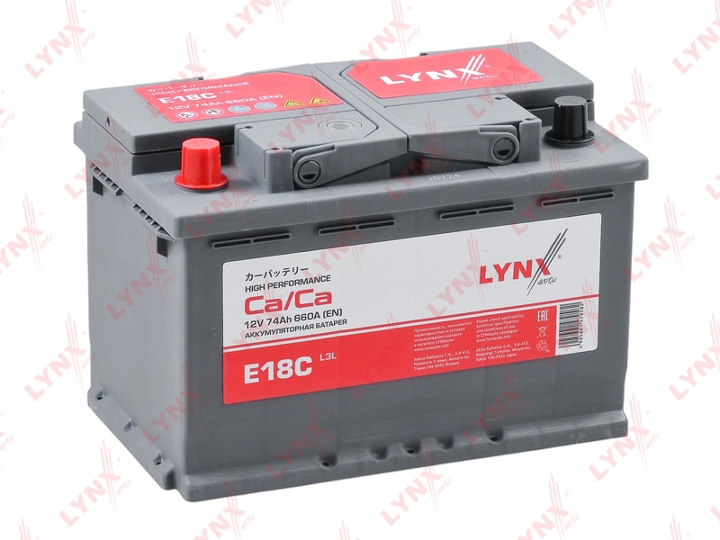 LYNXAUTO E18C Аккумулятор L3L,74 Ah, 660 A, прямая, 275X174X189 ETN 57412L
