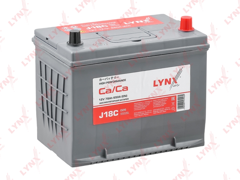 LYNXAUTO J18C Аккумулятор 78 Ah, 650 A, обратная, 260X172X220, JIS 95D26L