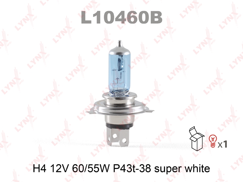 LYNXAUTO L10460B Лампа галогеновая H4 12V 60/55W P43T-38 SUPER WHITE  L10460B