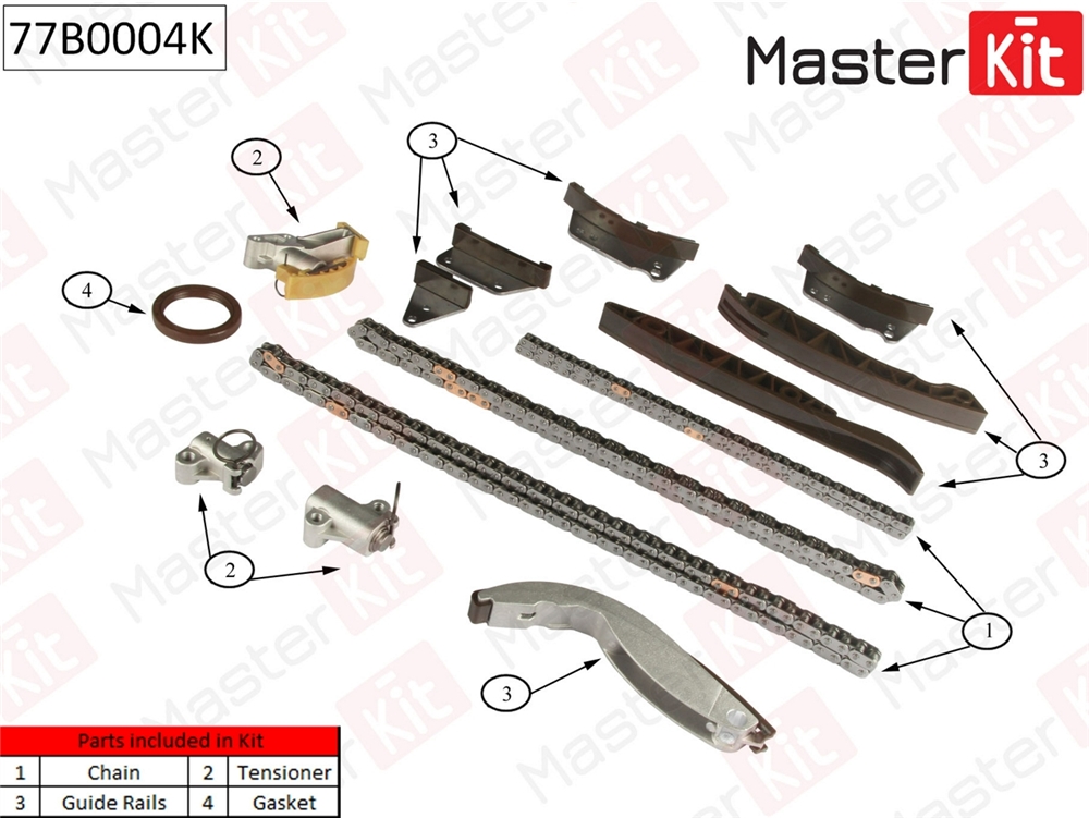 MASTERKIT 77B0004K Комплект цепи ГРМ KIA Sorento 2.5 CRDi D4CB 02-10 (без звездочек)
