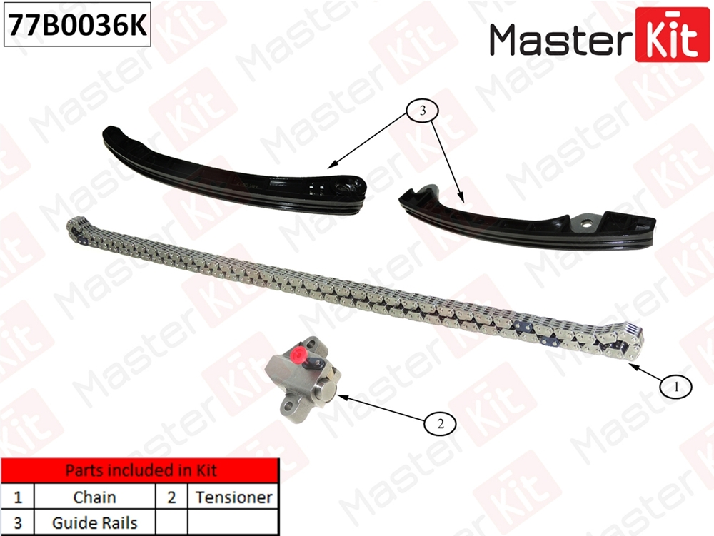 MASTERKIT 77B0036K Комплект цепи ГРМ NISSAN Almera II/JUKE/NOTE/QASHQAI +2 I/TIIDA HR16DE 05- (без звездочек)
