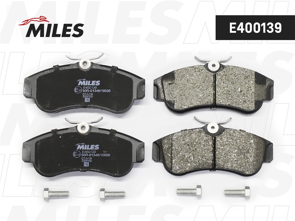 MILES E400139 Колодки тормозные передние (без датчика + болты) (Смесь Low-Metallic) (NISSAN ALMERA N16, PRIMERA P11) (TRW GDB848) E400139