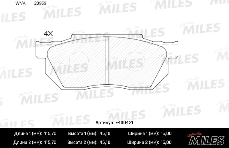 MILES E400421 Колодки тормозные передние (без датчика) (Смесь Low-Metallic) HONDA CIVIC/CRX/PRELUDE 83-95 (TRW GDB358) E400421