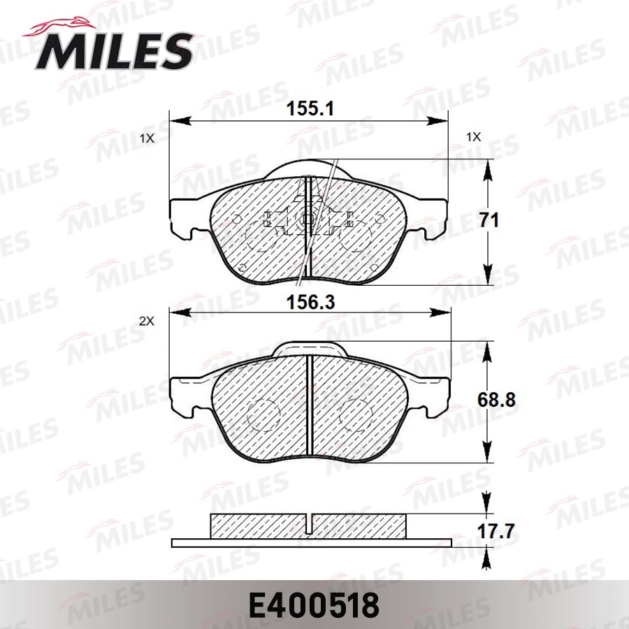 MILES E400518 Колодки тормозные передние (Смесь Low-Metallic) RENAULT LAGUNA 01-/SCENIC 03- (TRW GDB1468) E400518