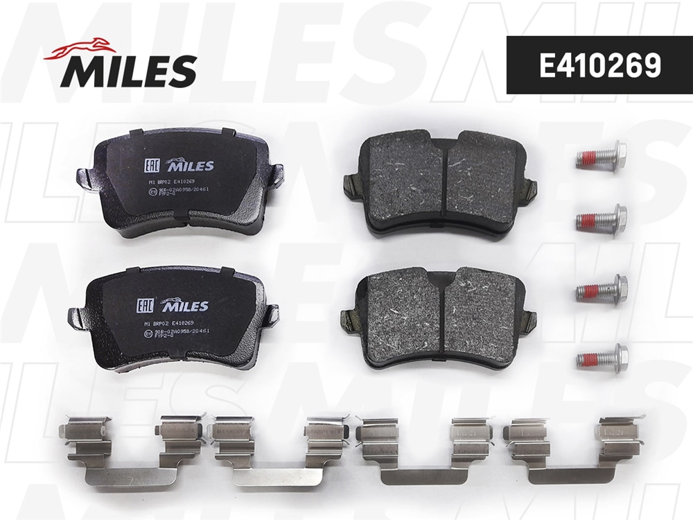 MILES E410269 Колодки тормозные задние (без датчика + болты) (Смесь Low-Metallic) (AUDI A4/A5/Q5 1.8-3.2 07-) (TRW GDB1765) E410269