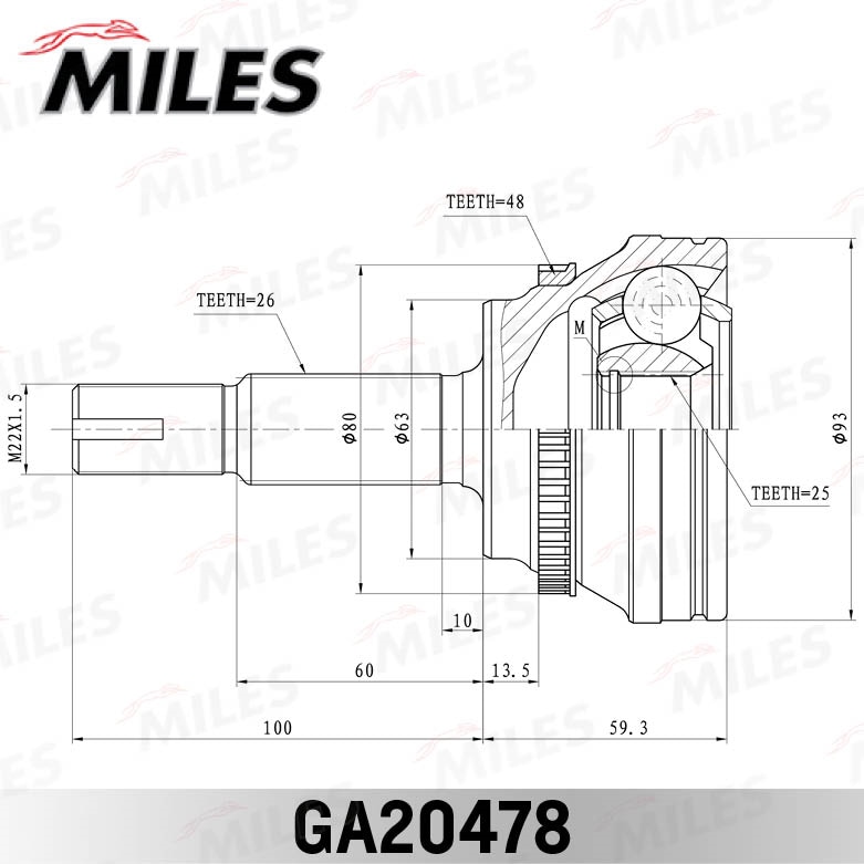 MILES GA20478 ШРУС наружный TOYOTA COROLLA 1.8 02- (с ABS) (GSP 859044) GA20478