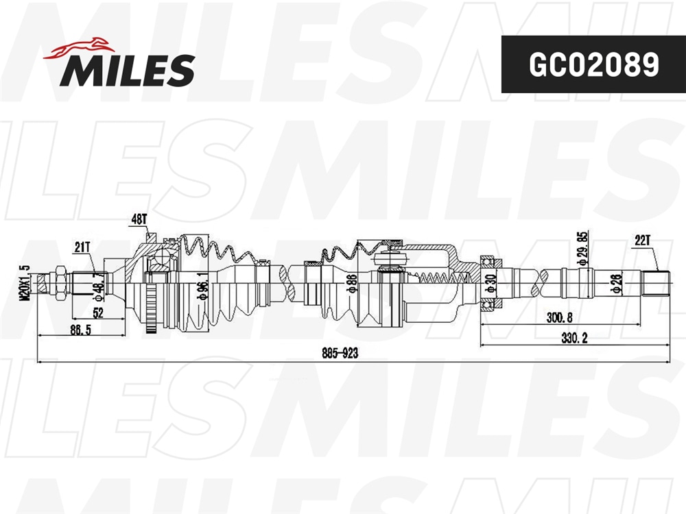 MILES GC02089 Привод в сборе правый PEUGEOT 206 1.1-1.6 98- (ABS) (GKN 303203) GC02089