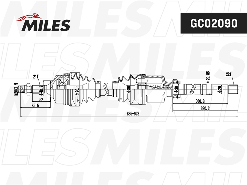 MILES GC02090 Привод в сборе правый PEUGEOT 206 1.1-1.6 98- (GKN 303200) GC02090