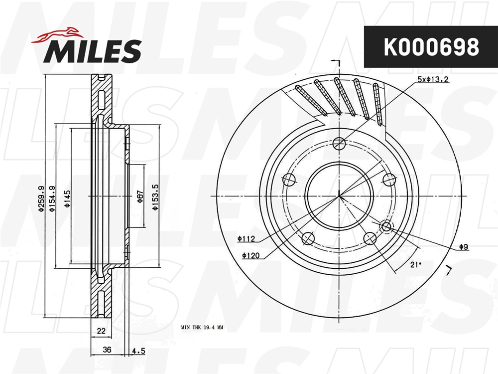 MILES K000698 Диск тормозной MB A-CLASS W168 140-190 пер. D 260мм.