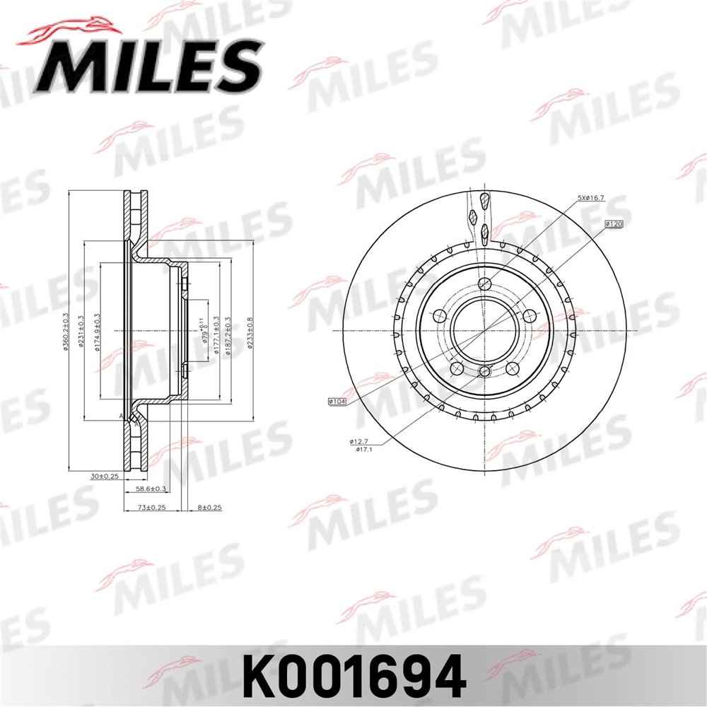 MILES K001694 Диск тормозной передний вентилируемый