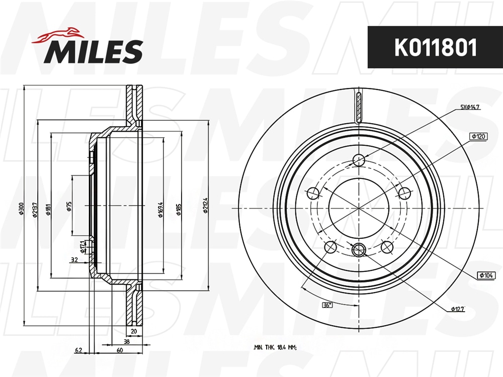 MILES K011801 Диск тормозной задний D300мм. вентилируемый BMW E81/E87/E90/E91/E84 X1 (TRW DF4802) K011801