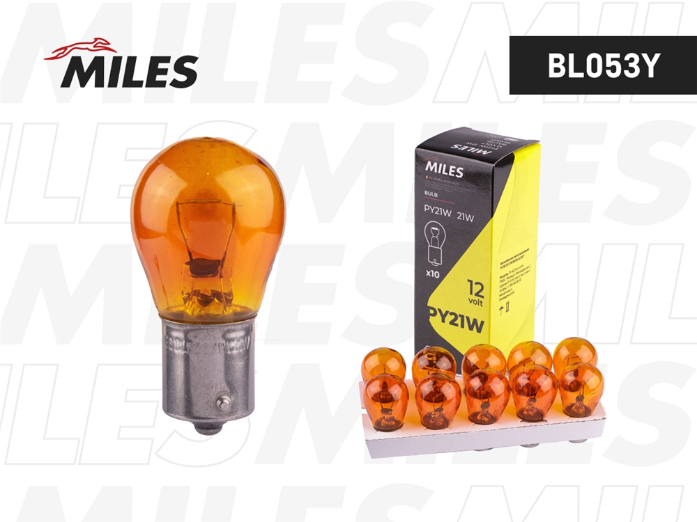 MILES BL053Y Лампа накаливания сигнальная PY21W BAU15s 12V 21W Yellow картон 10шт цена за 1шт