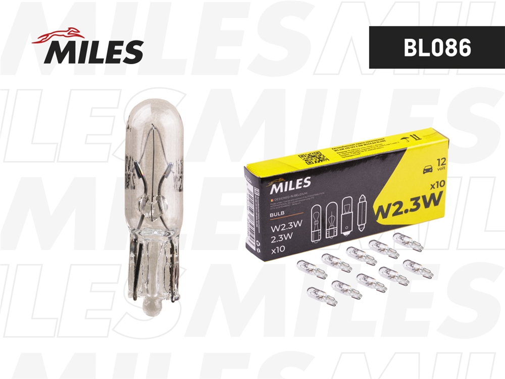 MILES BL086 Лампа накаливания сигнальная W2,3W 12V 2,3W W2X4,6d картон 10шт цена за 1шт