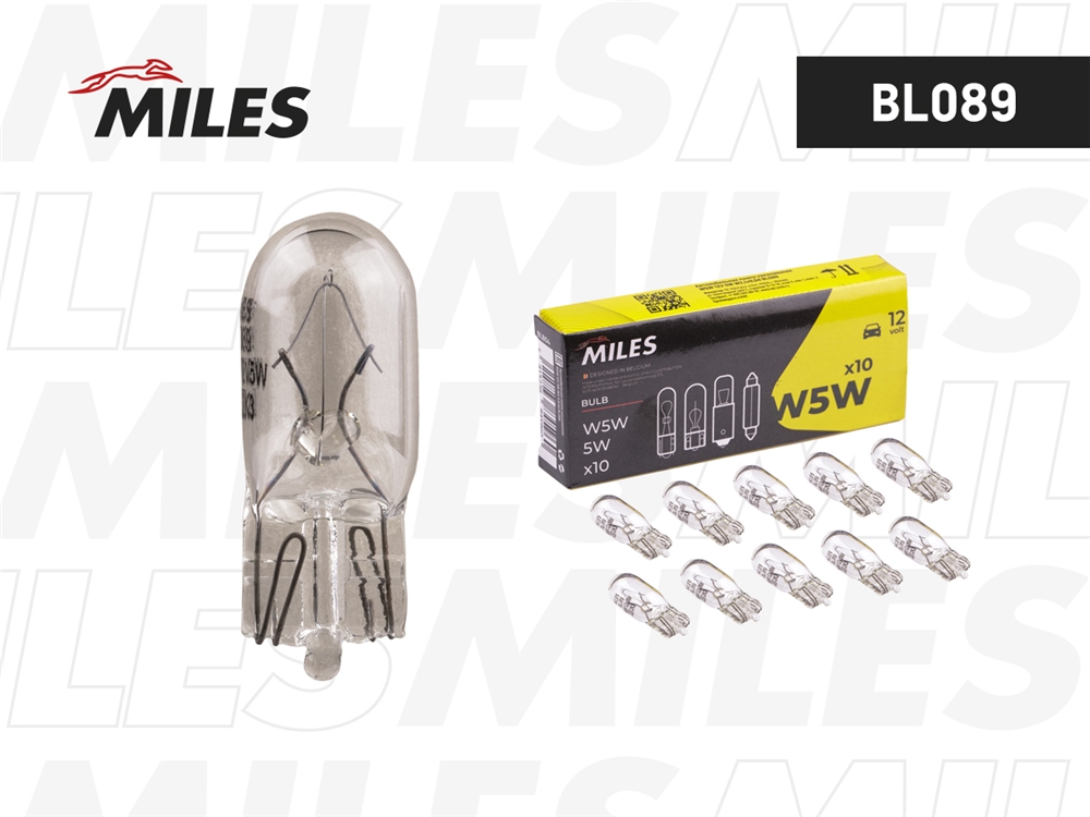 MILES BL089 Лампа накаливания сигнальная W5W W2,1x9,5d 12V 5W картон 10шт цена за 1шт