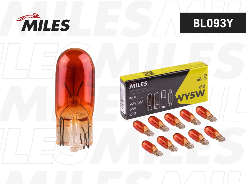 MILES BL093Y Лампа накаливания сигнальная WY5W 12V 5W W2,1x9,5d YELLOW картон 10шт цена за 1шт