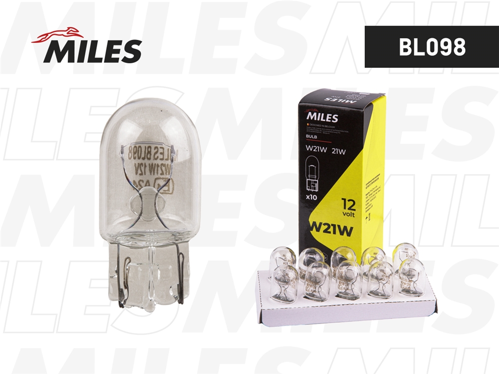 MILES BL098 Лампа накаливания сигнальная W21W 12V 21W W3x16d картон 10шт цена за 1шт