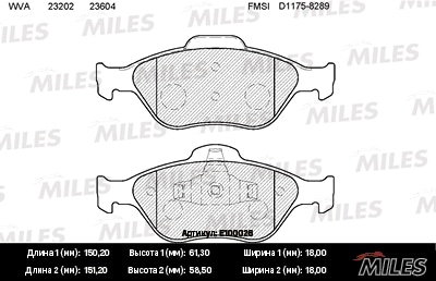 MILES E100026 Колодки тормозные передние (без датчика) (Смесь Semi-Metallic) (FORD FIESTA IV-V, FUSION, MAZDA 2 (DY)) (TRW GDB1419) E100026