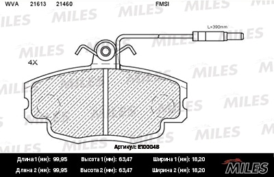 MILES E100048 Колодки тормозные передние (с датчиком) (Смесь Semi-Metallic) RENAULT LOGAN 04-/SANDERO 08-/CLIO 91- (TRW GDB807) E100048