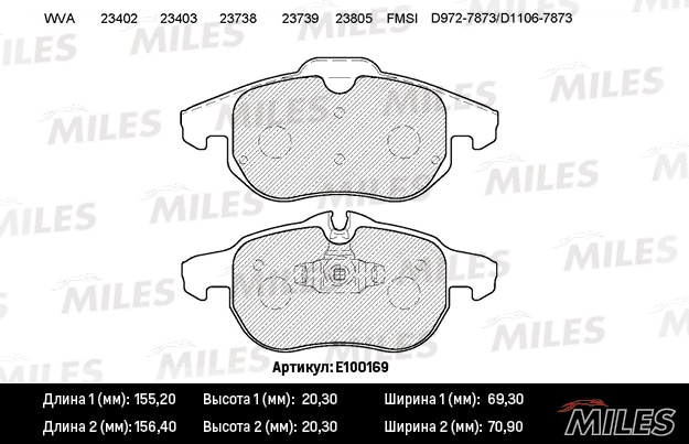 MILES E100169 Колодки тормозные передние (без датчика) (Смесь Semi-Metallic) OPEL SIGNUM 03/VECTRA C 1.6-3.0/ASTRA H VXR E100169