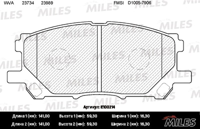 MILES E100214 Колодки тормозные передние (без датчика) (Смесь Semi-Metallic) (LEXUS RX300/RX330/RX350 0308/RX400H 0509) (TRW GDB3338) E100214