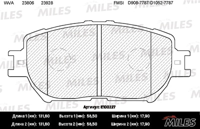 MILES E100227 Колодки тормозные передние (без датчика) (Смесь Semi-Metallic) (TOYOTA CAMRY ( V30 ) 2.4/3.0 0104) (TRW GDB3314) E100227