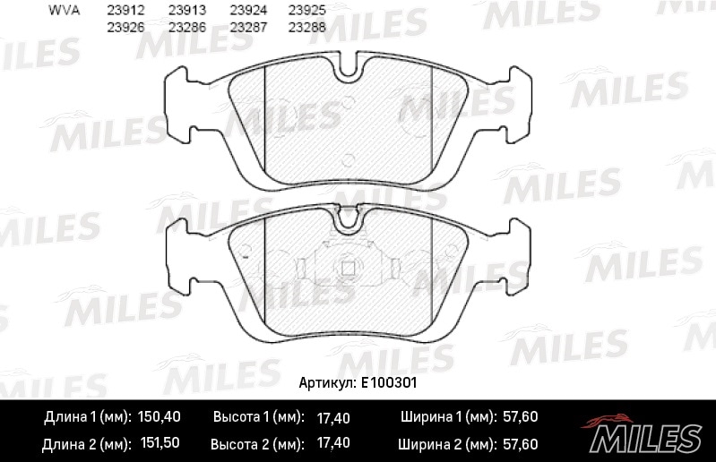 MILES E100301 Колодки тормозные передние (без датчика) (Смесь Semi-Metallic) (BMW E36/E46/Z3 E36/Z4 E85 98) (TRW GDB1348) E100301