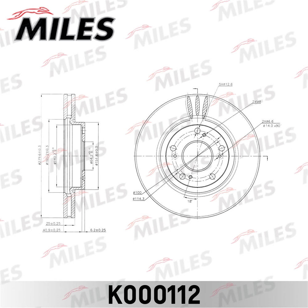 MILES K000112 Диск тормозной передний D280мм. вентилируемый HONDA ACCORD 2.0-2.4 03-08 (TRW DF4429) K000112