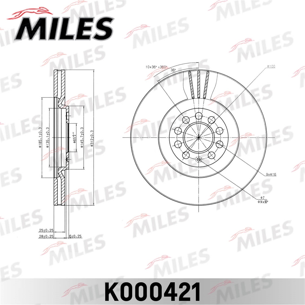 MILES K000421 Диск тормозной AUDI TT/SKODA OCTAVIA/VW BORA/GOLF IV/V пер.вент.D 312мм.