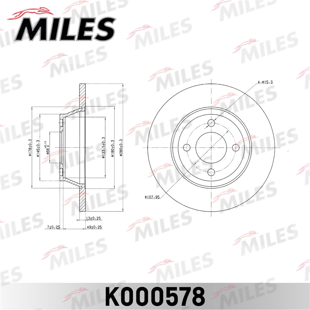 MILES K000578 Диск тормозной AUDI 80 1.6-2.0 МКПП 08.92-96 пер.