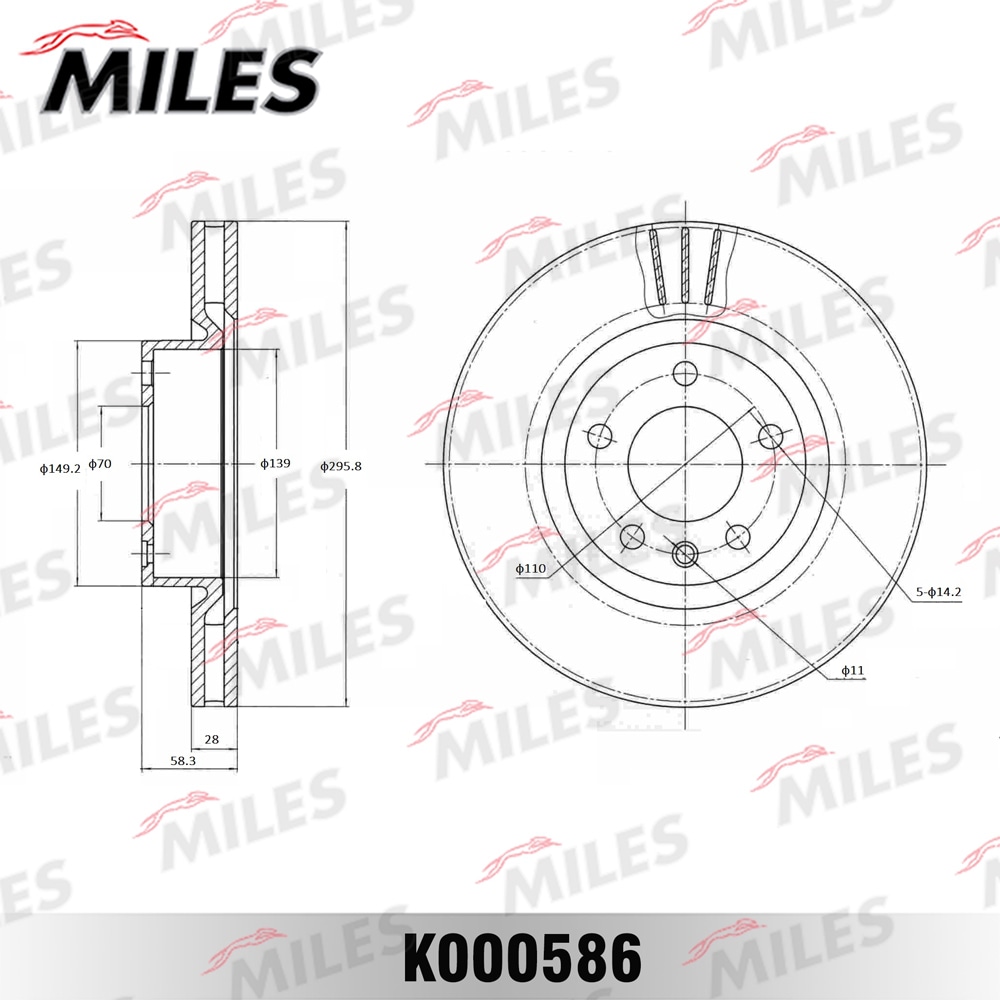 MILES K000586 Диск тормозной передний D296мм. вентилируемый OPEL OMEGA A 87-94/OMEGA B 94-03/SENATOR B 87-93 (TRW DF2645) K000586