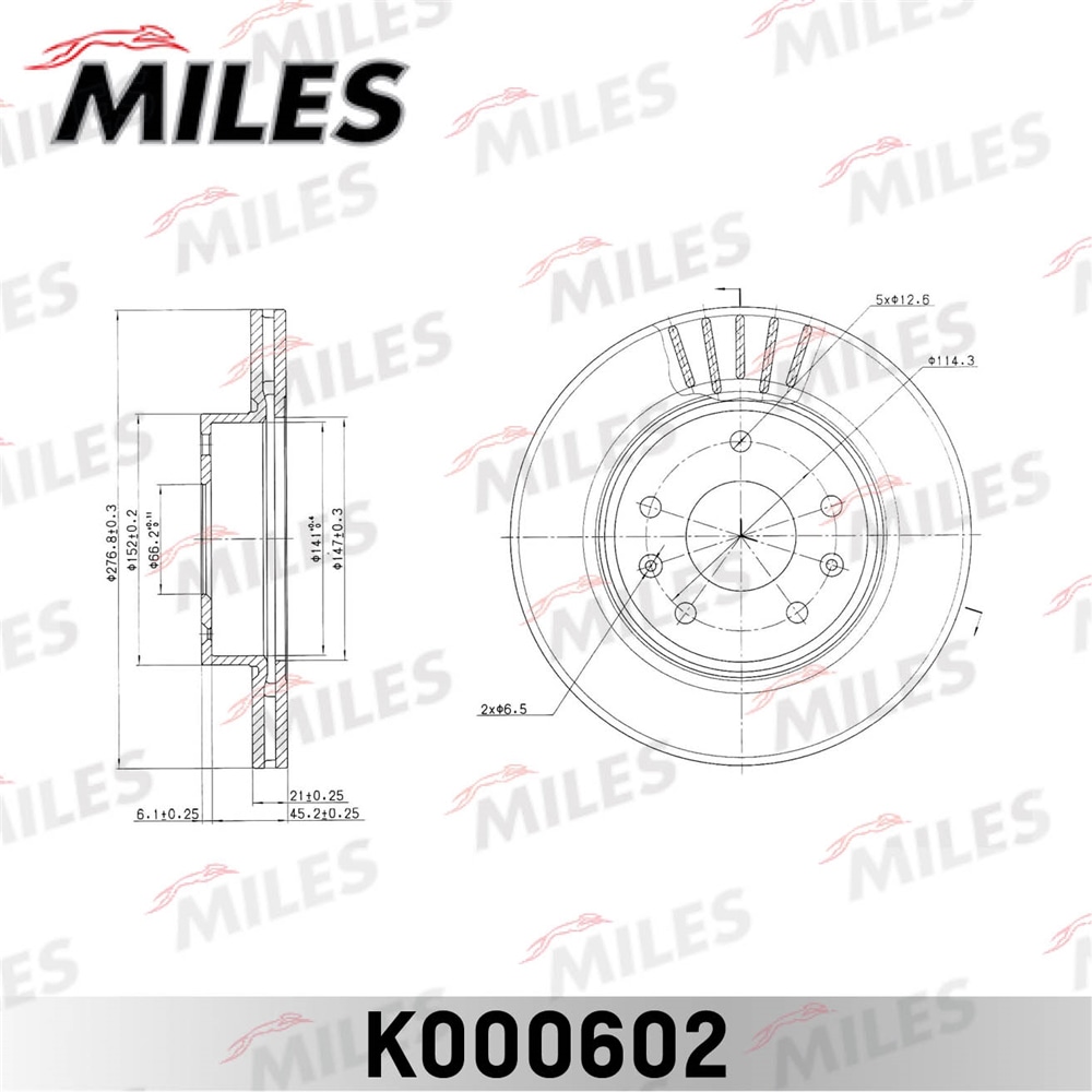 MILES K000602 Диск тормозной передний D277мм. вентилируемый LANDROVER FREELANDER 1.8-2.5 98-06 (TRW DF4221) K000602